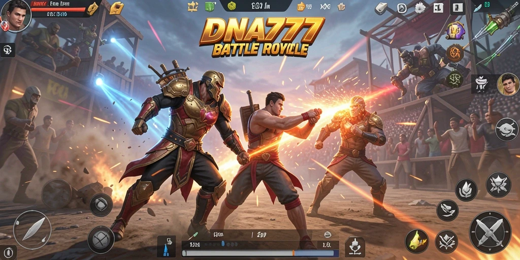 Tangkapan layar utama DNA777 menunjukkan aksi pertarungan intens dalam Battle Royale.
