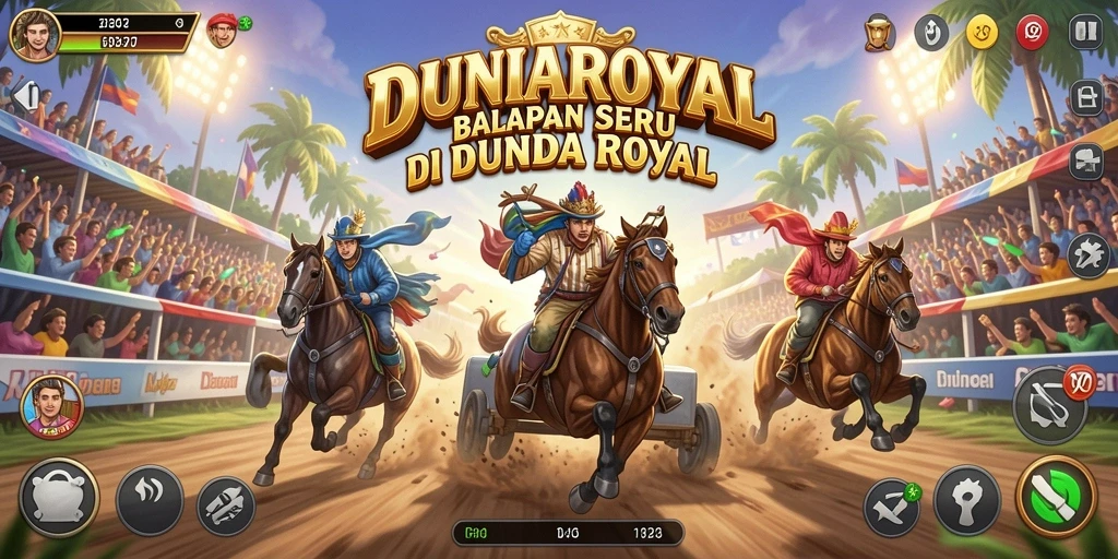 Screenshot DUNIAROYAL menampilkan aksi balapan yang mendebarkan dan mobil-mobil cepat.