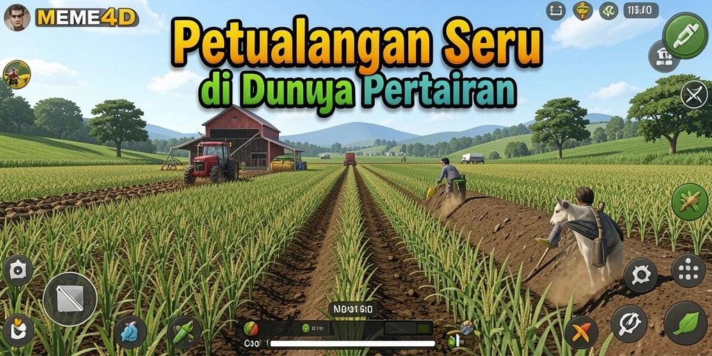 Tampilan gameplay MEME4D menampilkan ladang yang hijau dan hewan yang ceria.
