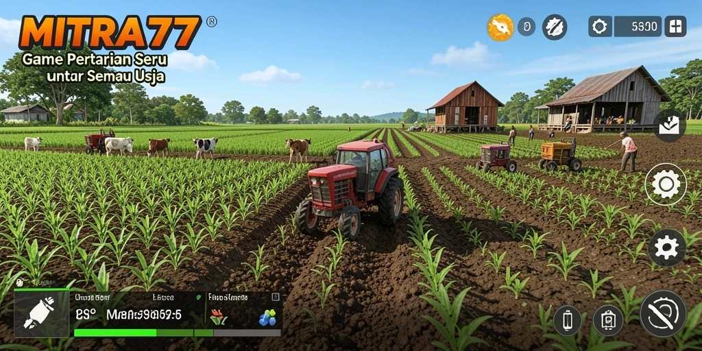Screenshot gameplay MITRA77 dengan ladang yang subur.