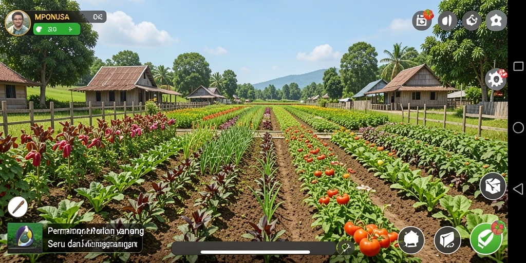 Tampilan gameplay MPONUSA dengan ladang yang hijau dan hewan ternak.