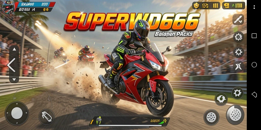 Gameplay mendebarkan dalam balapan motor SUPERWD666.